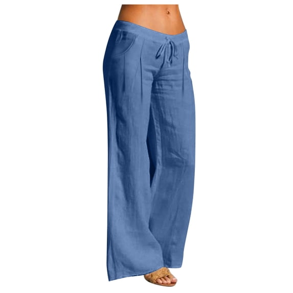 Dazajoo Womens Elastic Waist Linen Pants Wide Leg Drawstring Trousers Summer Casual Lightweight Lounge Palazzo Pant with Pockets,Blue,XL