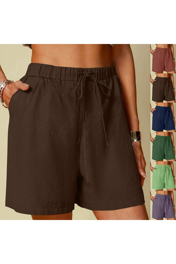 Womens Elastic Waist Shorts with Pockets Summer Solid Color Drawstring Shorts for Women 2024 Comfy Casual Wide Leg Shorts,Brown,XXL