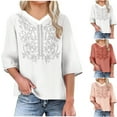 thumbnail image 1 of Dazajoo Womens Embroidered Tops Cotton Linen Shirts Vintage Boho Ethnic Style Peasant Tee Casual 3/4 Sleeve V Neck Tunic Tshirt,Pink,XL, 1 of 6