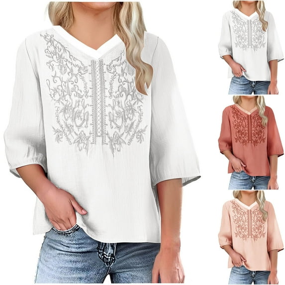 Dazajoo Womens Embroidered Tops Cotton Linen Shirts Vintage Boho Ethnic Style Peasant Tee Casual 3/4 Sleeve V Neck Tunic Tshirt,White,S