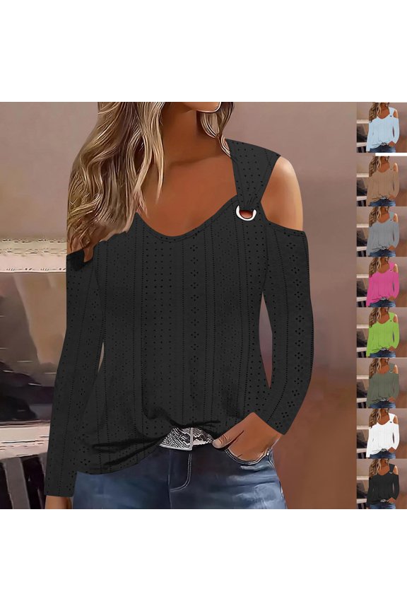 Womens Eyelet Long Sleeve Shirt Basic Solid Color Cold Shoulder Tunic Tops 2024 Fall Loose Trendy V Neck O Ring Strap Blouses for Women,Gray,XL