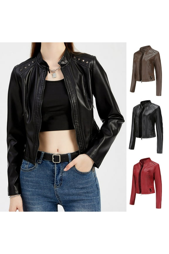 Womens Faux Leather Zip Up Moto Biker Jacket Stand Collar with Stitching Detail Short Riveted Jacket,Black,L