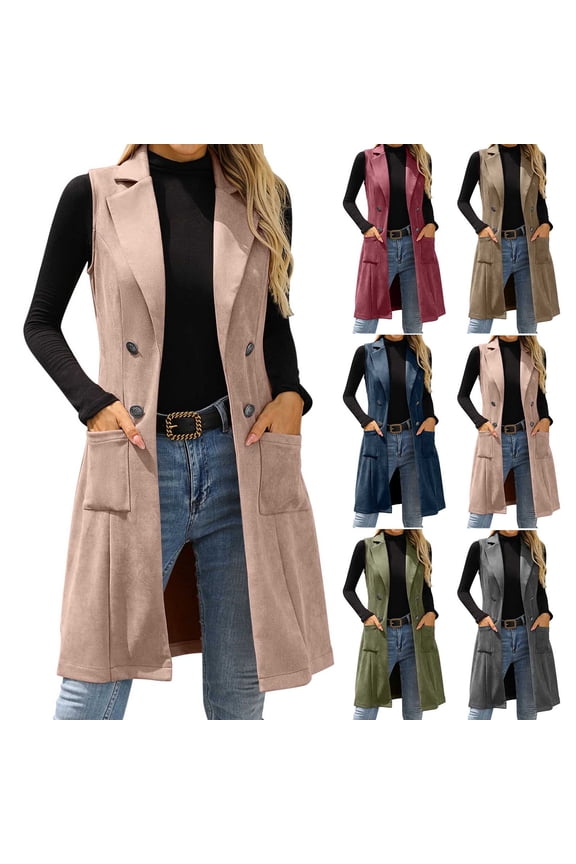 Womens Faux Suede Long Vest Notch Lapel Double Breasted Blazer Jacket Sleeveless Trench Coat with Pockets,Green,XL