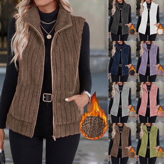 Dazajoo Womens Fleece Vest Casual Stand Collar Zip Up Jacket Fashion Fall Outfits Warm Fuzzy Fluffy Vests with Pockets,Purple,XL