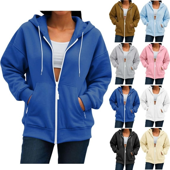 Dazajoo Womens Fleece Zip Up Hoodie Long Sleeve Solid Color Drawstring Sweatshirts with Pockets Fall Casual Oversized Athletic Coat,Beige,S