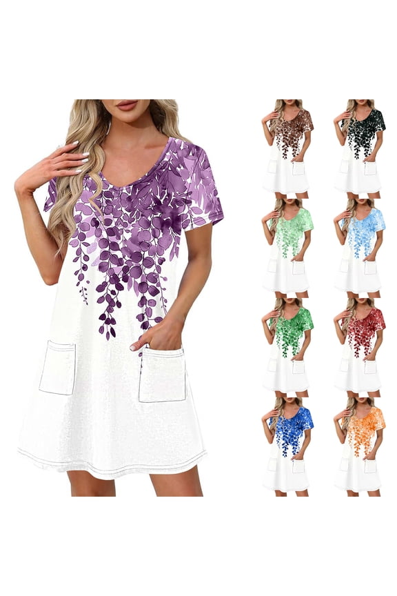 Womens Floral Dresses 2025 Summer Short Sleeve Beach Sundress with Pockets Casual V Neck Vacation Midi Dress,Dark Blue,XL