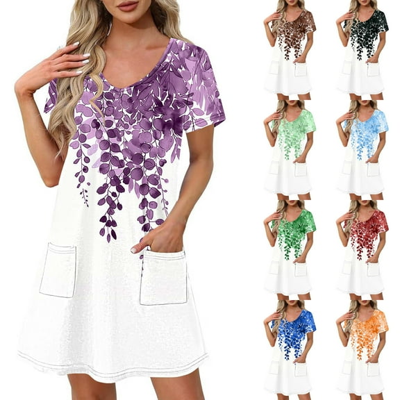 Dazajoo Womens Floral Dresses 2025 Summer Short Sleeve Beach Sundress with Pockets Casual V Neck Vacation Midi Dress,Red,S