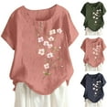 thumbnail image 1 of Dazajoo Womens Floral Linen Shirt Casual Short Sleeve Summer Tops Crew Neck Lightweight Cotton Blouses,Pink,L, 1 of 5