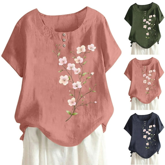 Dazajoo Womens Floral Linen Shirt Casual Short Sleeve Summer Tops Crew Neck Lightweight Cotton Blouses,Pink,L