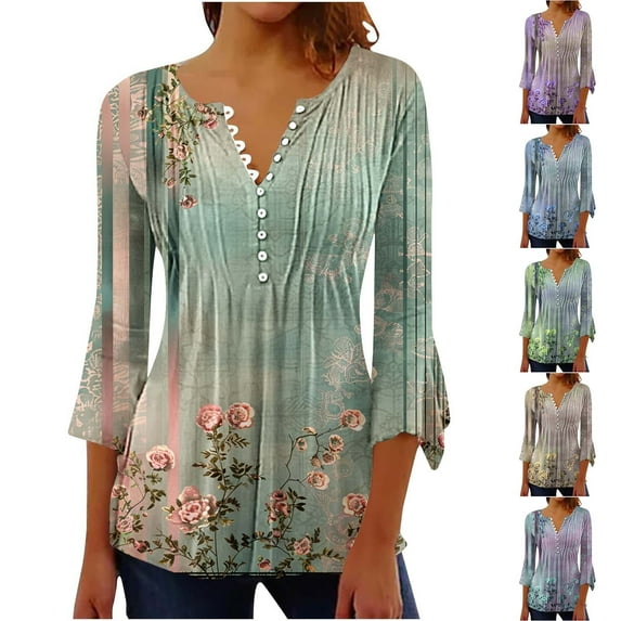 Dazajoo Womens Floral Tops 3/4 Sleeve Empire Waist Pleated Henley Shirts Summer Casual Button V Neck Hide Belly Blouses,Blue,L