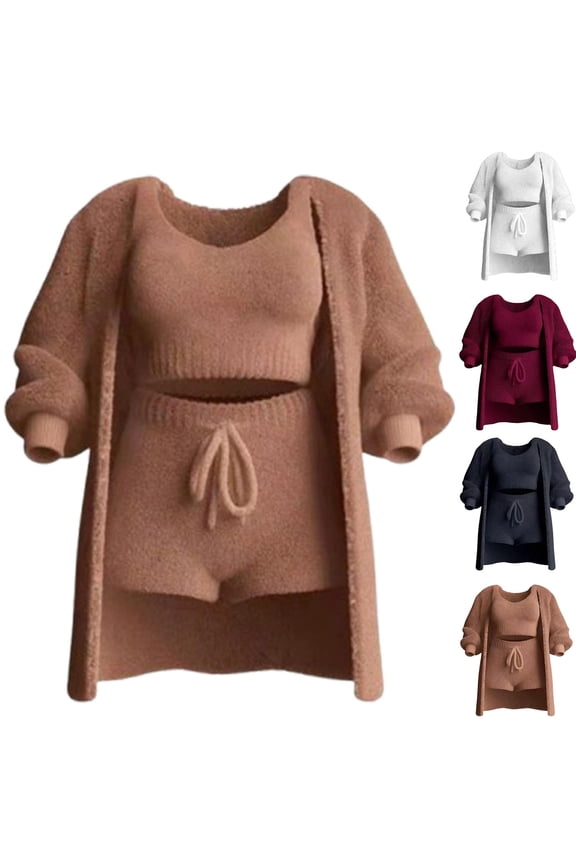 Womens Fuzzy 3 Piece Outfits Fleece Warm Cardigan Crop Tank Top and Shorts Pajamas Sets Nightwear Lounge Set,Khaki,M