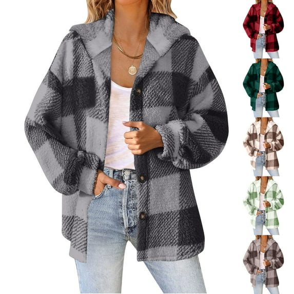 Dazajoo Womens Fuzzy Fleece Plaid Jacket Button Down Outerwear Flannel Hooded Jackets Open Front Sherpa Cardigans,Army Green,M