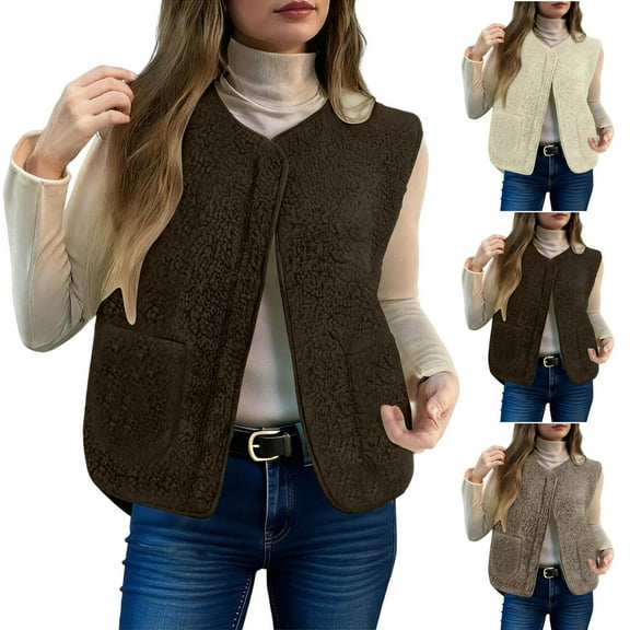Dazajoo Womens Fuzzy Fleece Vest Casual Warm Sleeveless Sherpa Jacket Fall Winter Gilet Outerwear with Pockets,Khaki,L