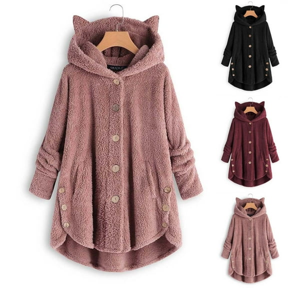 Dazajoo Womens Fuzzy Jacket Hooded Cardigan Cat Ears Open Front Sherpa Coat Winter Warm Button Down Shaggy Jackets,Wine,XL