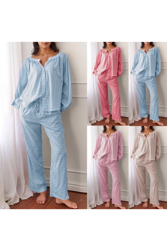 Womens Gingham Pajama Set 2 Piece Plaid Long Sleeve Button Top Straight Leg Pants Pjs Y2K Lounge Set Sleepwear,Pink,S