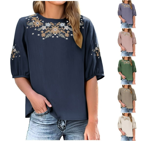 Dazajoo Womens Half Sleeve Boho Tops Casual Crew Neck Vintage Embroidered Blouses Summer Loose Fit Peasant Tops,Brown,S