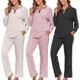 thumbnail image 1 of Dazajoo Womens Knit Pajamas Set Quarter Zip Lapel Top and Wide Leg Pants with Pockets Fall Winter 2 Piece Loungewear Sets Pink,S, 1 of 5