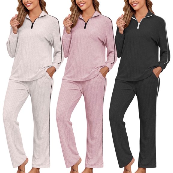 Dazajoo Womens Knit Pajamas Set Quarter Zip Lapel Top and Wide Leg Pants with Pockets Fall Winter 2 Piece Loungewear Sets Pink,XXL