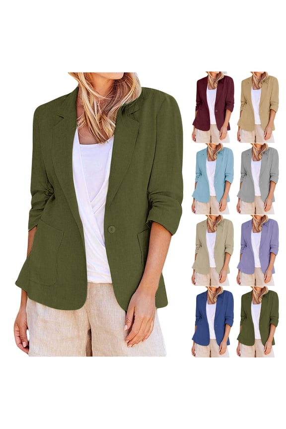 Womens Lightweight Blazer Button 3/4 Sleeve Linen Blazer Business Casual Suit Jacket with Pockets Army Green M