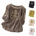 thumbnail image 1 of Dazajoo Womens Linen Embroidered Tops 3/4 Sleeve Boho Ethnic Style Peasant Tee Dressy Casual Round Neck Vintage Shirts,Beige,L, 1 of 9