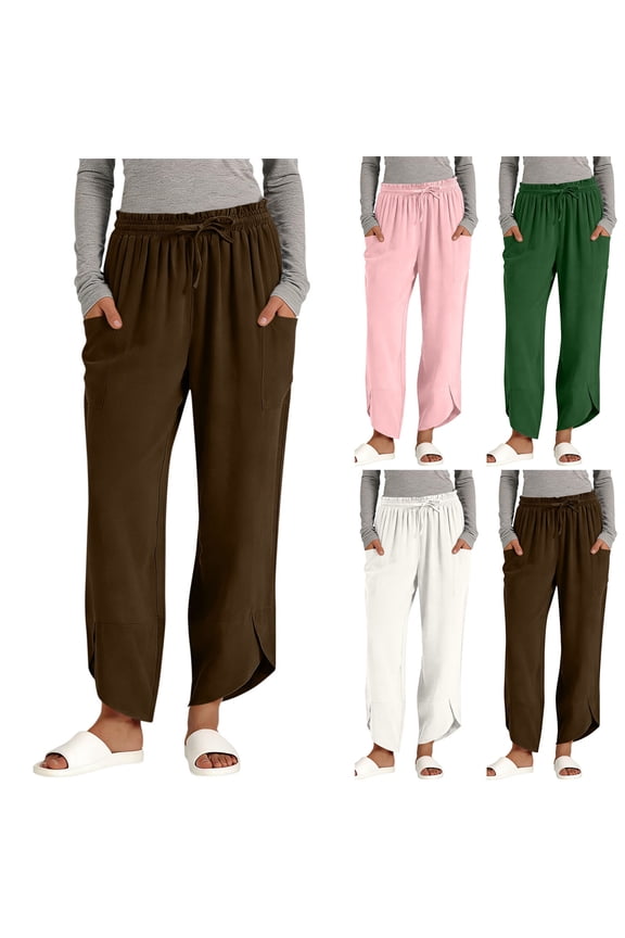 Womens Linen Lounge Pants Split Hem Drawstring Waist Pants with Pockets Lightweight Casual Beach Vacation Pants,White,L