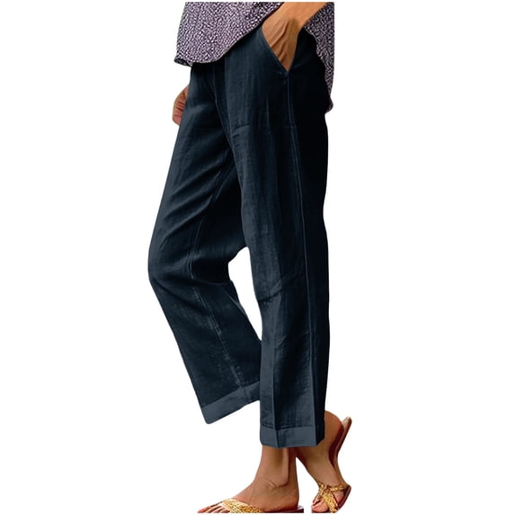 Dazajoo Womens Linen Pants with Pockets Plus Size Summer Elastic Waist Straight Leg Boho Beach Trouser Loose Palazzo Crop Pants Dark Blue,M