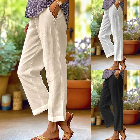Dazajoo Womens Linen Pants with Pockets Straight Leg Elastic High Waisted Cotton Pants Summer Lightweight Solid Color Beach Pants,White,L