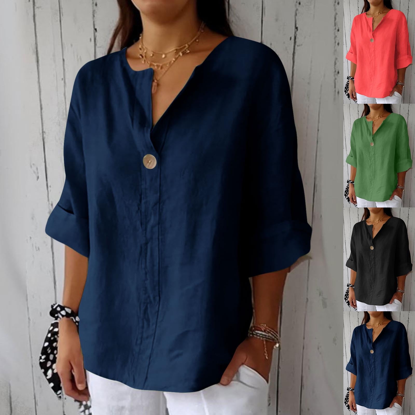 Dazajoo Womens Linen Shirts 3/4 Length Sleeve Button V Neck Blouses ...