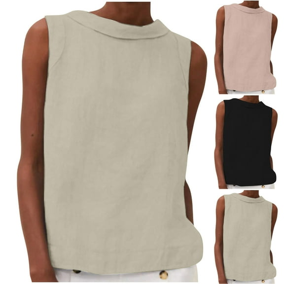 Dazajoo Womens Linen Sleeveless Tops Casual Solid Color Crewneck Vest Tees Casual Beach Tank Shirts,Khaki,S
