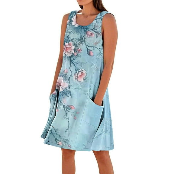 Dazajoo Womens Linen Sundresses 2025 Summer Sleeveless Floral Dress with Pockets Beach Vacation Flowy Tank Dresses,Multicolor,S
