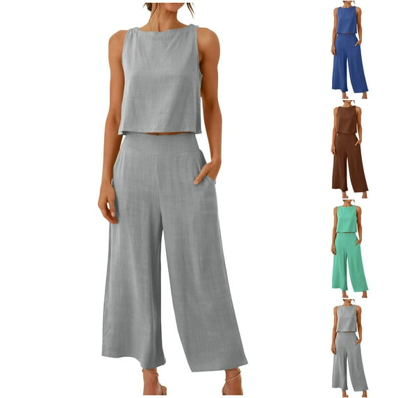 Dazajoo Womens Linen Two Piece Sets Plus Size Round Neck Sleeveless Tops Matching Wide Leg Capri Pants with Pockets 2025 Summer Beach Vacation Lounge Suits,Brown,XXXL