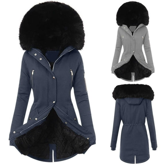 Dazajoo Womens Long Down Winter Coat Thicken Fleece Lined Parka Warm Puffer Jacket with Faux Fur Detachable Hood,Gray,XXXL