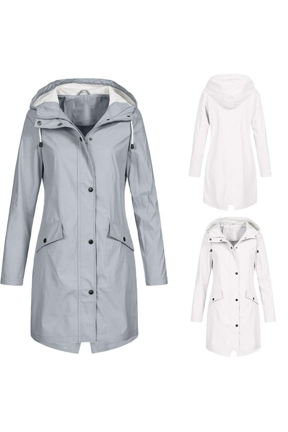 Womens Long Hooded Rain Jacket Waterproof Jacket Fleece Lined Zipper Rain Coat with Pockets,Gray,S