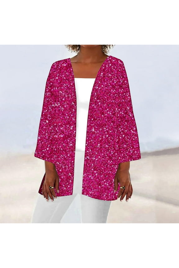 Womens Long Length Sleeve Long Lightweight Summer Cardigans,Cardigan for Women 2024 Trendy Sequin Open Front Duster Women's Solid Color Draped Elegant Jacket Sales Today,Hot Pink,XXL