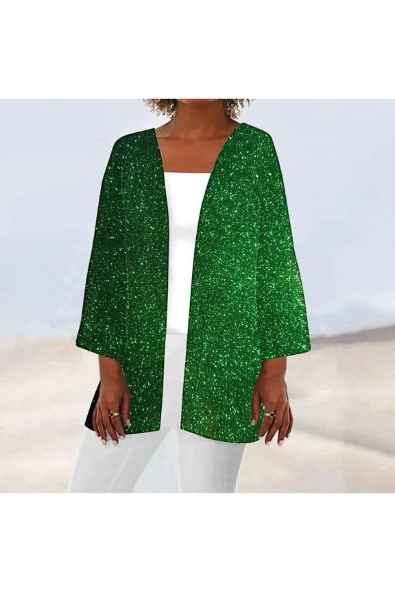 Womens Long Length Sleeve Long Lightweight Summer Cardigans,Cardigan for Women 2025 Trendy Sequin Open Front Duster Women's Solid Color Draped Elegant Jacket,Green,L