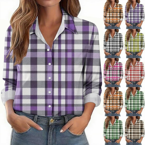 Dazajoo Womens Long Sleeve Button Down Shirts Casual Loose Fit Collared Blouses Fashion Plaid Print Business Work Tops Purple,M
