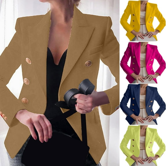 Dazajoo Womens Long Sleeve Casual Blazer Work Office Business Jacket Basic Solid Color Lightweight Button Blazers 2024 Fall Loose Fit Open Front Suit Jackets for Women Deals Today,Yellow,M