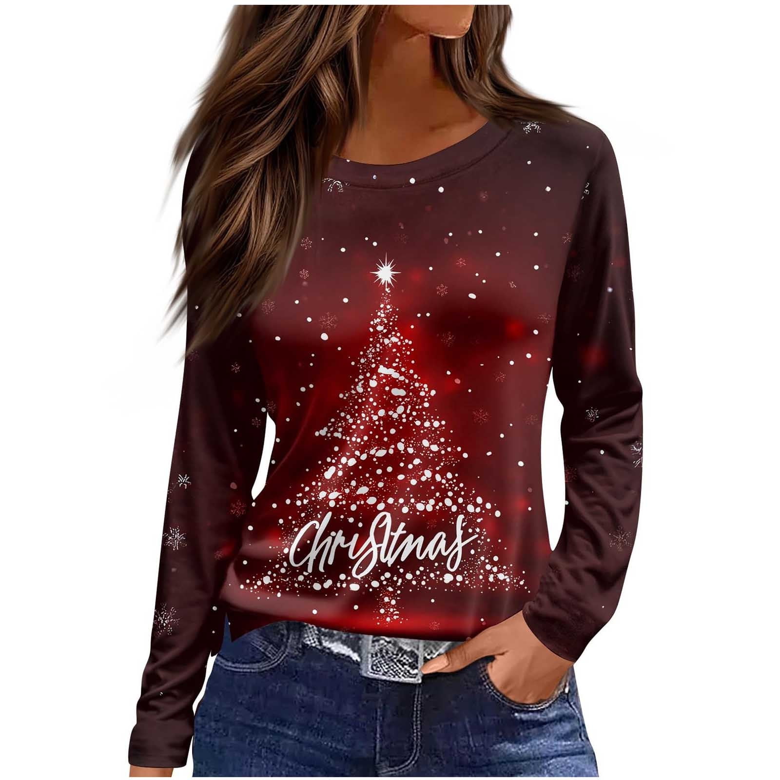 Dazajoo Womens Long Sleeve Christmas Tee Shirt Festival Crew Neck Graphic  Tops Holiday Celabration Pullover Wine,XXL - Walmart.com, image size:1600x1600