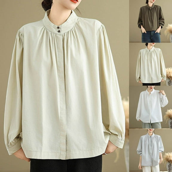 Dazajoo Womens Long Sleeve Linen Tops Button Mock Neck Solid Color Shirts Casual Elegant Pleated Blouses,White,XXL