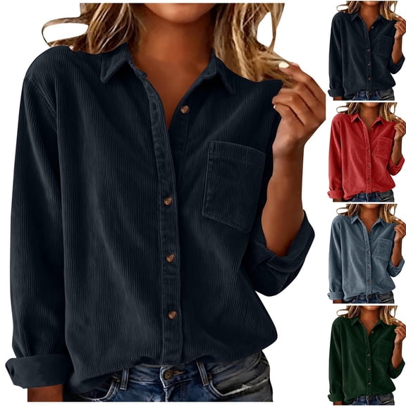 Dazajoo Womens Long Sleeve Shirts Jackets Corduroy Collared Button Down Shackets Solid Color Boyfriend Tops with Pocket,Navy,XXL