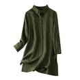 thumbnail image 1 of Dazajoo Womens Long Sleeve Solid Color Blouses Comfy Soft Cotton Linen Long Lebgth Tunics with Pocket 2024 Summer Dressy Trendy Button Down Lapel Neck Tshirts for Women,Army Green,M, 1 of 5