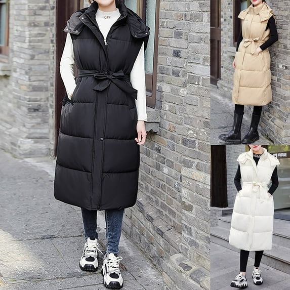 Dazajoo Womens Long Vest Coat Cotton Down Winter Puffer Jacket with Pockets Removable Hooded Lightweight Gilet Outerwear,White,L