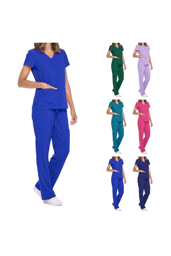 Womens Nursing Uniform Set 2 Piece V Neck Short Sleeve Scrubs Top and Elastic Waist Pants with Pockets Stretch Medical Workwear,Sky Blue,XXL