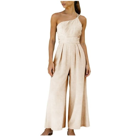 Dazajoo Womens One Shoulder Jumpsuit Dressy Casual Sleeveless High Waist Wide Leg Rompers Solid Elegant Office Work Overalls,Beige,L