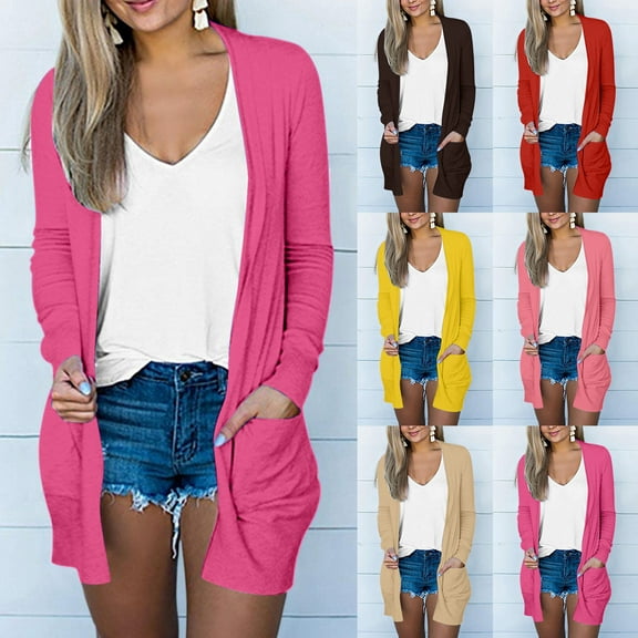Dazajoo Womens Open Front Cardigan Lightweight Long Sleeve Solid Color Sweater Cardigans with Pockets,Hot Pink,S