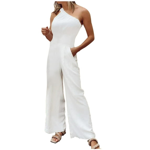 Dazajoo Womens Oversized Cotton Linen Jumpsuit 2024 Casual Summer Loose One Piece Off Shoulder Elastic Waist Wide Leg Long Romper with Pockets for Women Dressy Trendy Solid Color Rompers,White,L