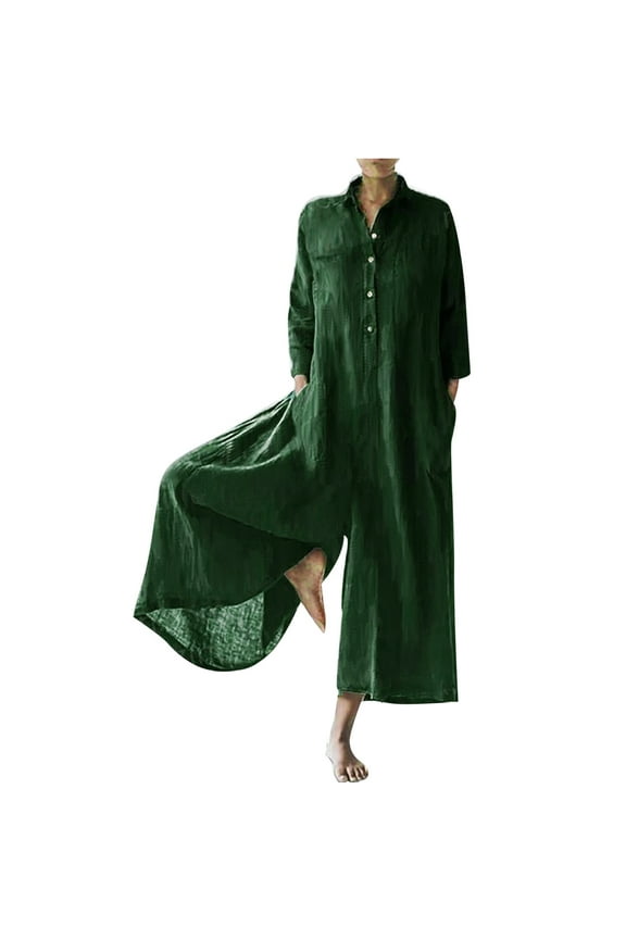 Womens Oversized Romper Casual Loose Fit Cotton Linen Long Sleeve Jumpers Summer Fashion Comfy Solid Color Jumpsuit with Pockets Button Down Wide Leg Long Pants for Women 2024,Green,S