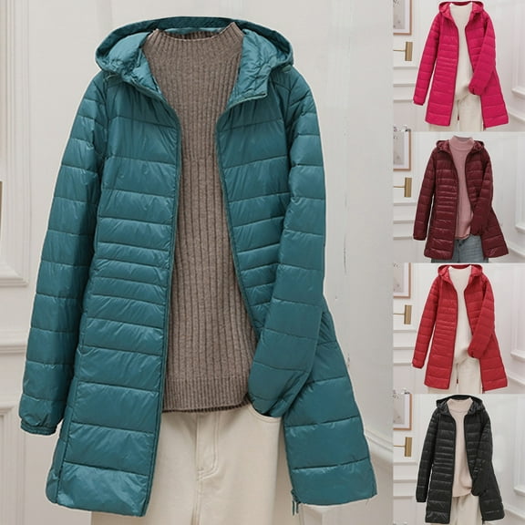 Dazajoo Womens Packable Puffer Jacket Winter Warm Lightweight Down Jackets Windproof Long Hooded Coats,Red,M