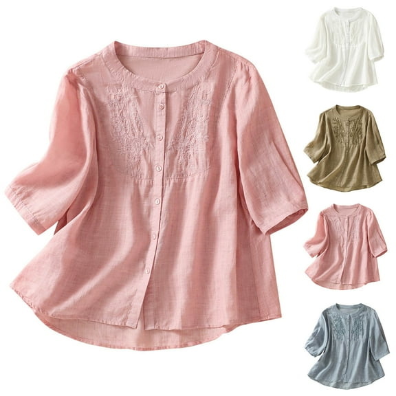Dazajoo Womens Peasant Tops and Blouses Summer Cotton Linen Embroidered Shirts Casual Short Sleeve Work Blouse,Pink,M