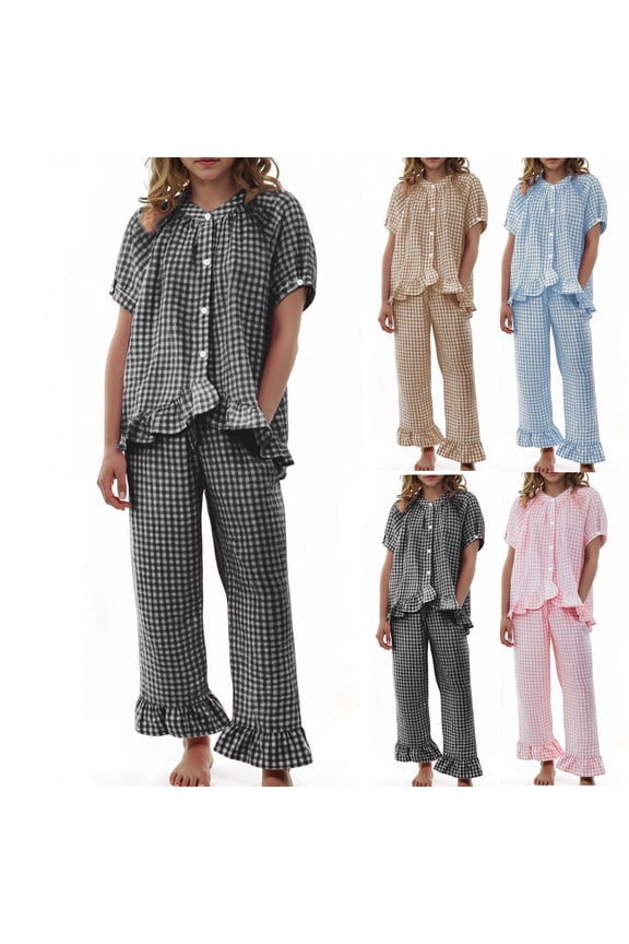 Womens Plaid 2 Piece Pajamas Sets Gingham Button Down Puff Sleeve Babydoll Shirts and Ruffle Pants Y2K Lounge Pjs Set,Brown,XL